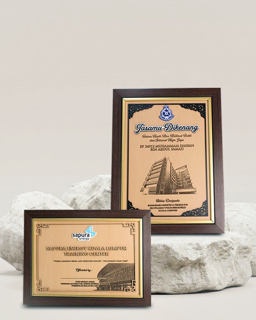 Two framed certificates on a textured surface with a neutral background