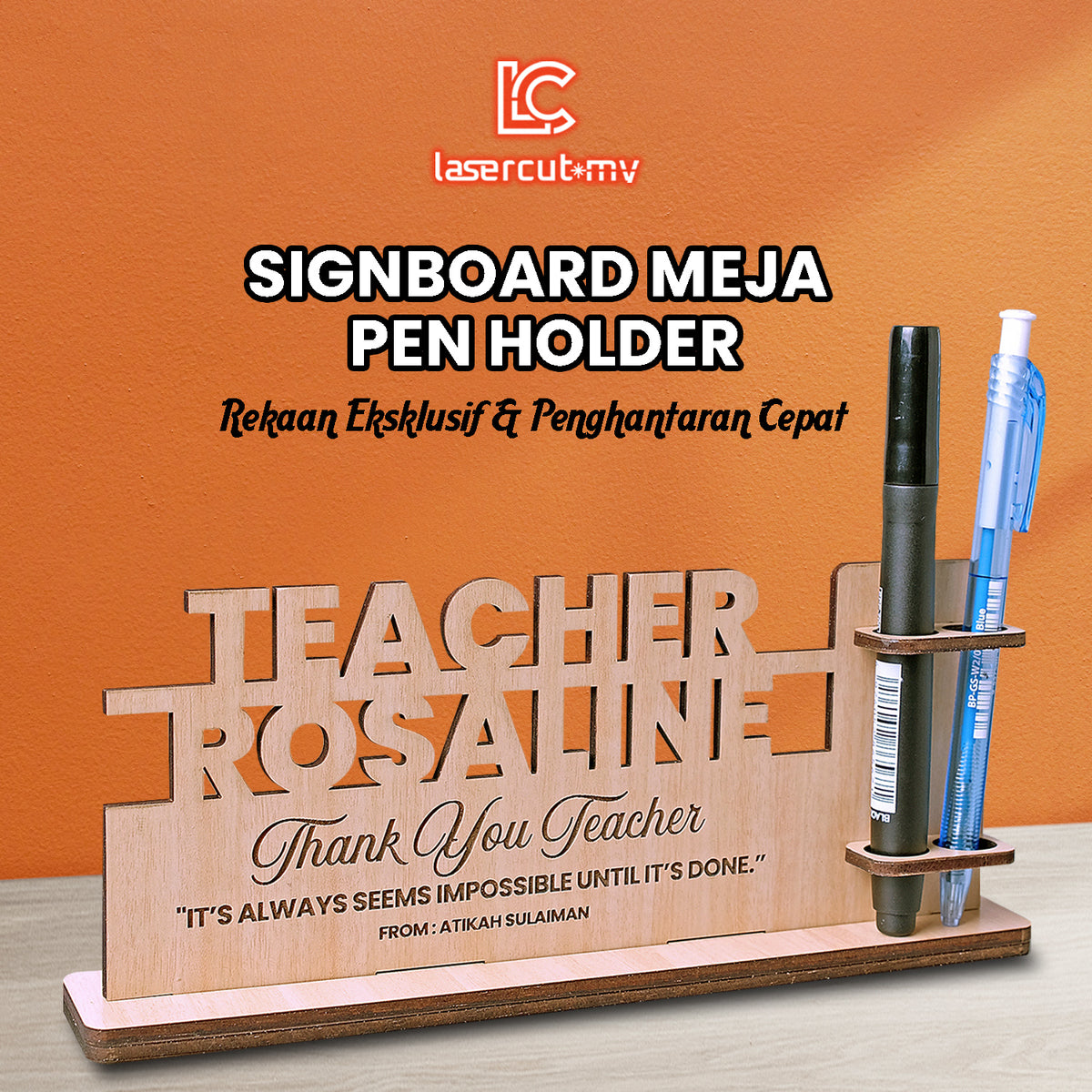 Pesonalised Destop Wooden Pen Holder / Signboard Pen Holder / Pen Holder Destop /Signboard Ukiran Meja Bekas Pen