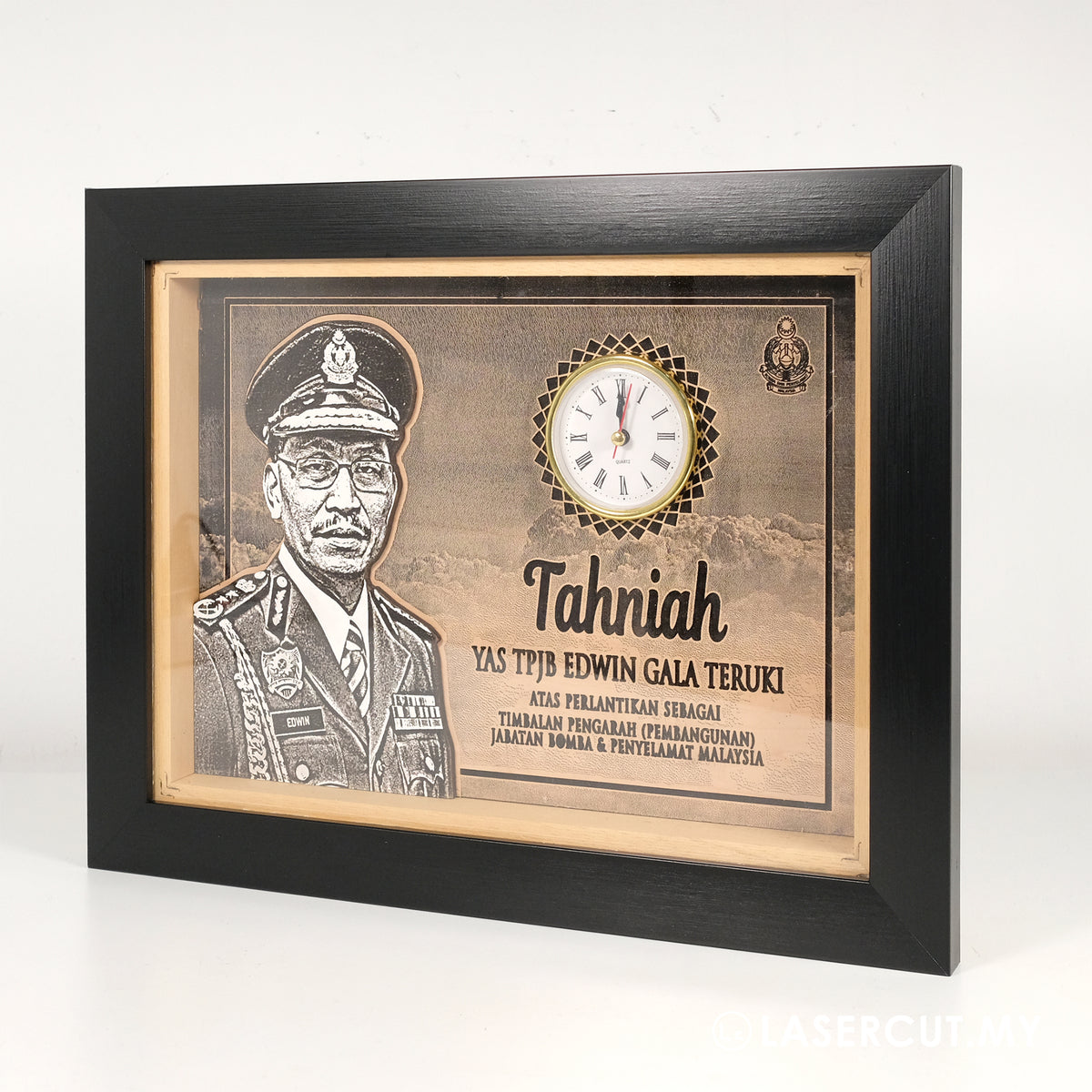A personalized portrait with a wooden frame and clock, featuring laser engraving on high-quality laminated plywood.