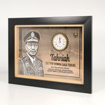 A personalized portrait with a wooden frame and clock, featuring laser engraving on high-quality laminated plywood.
