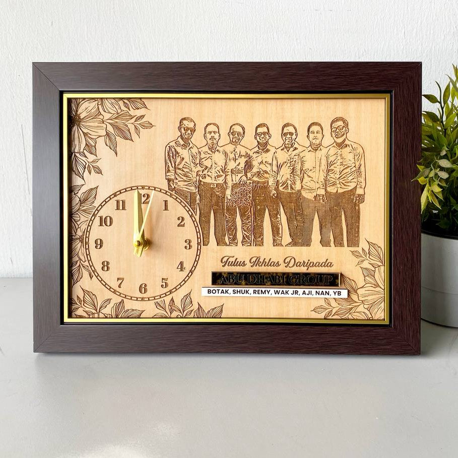 A personalized portrait with a wooden frame and clock, featuring laser engraving on high-quality laminated plywood.