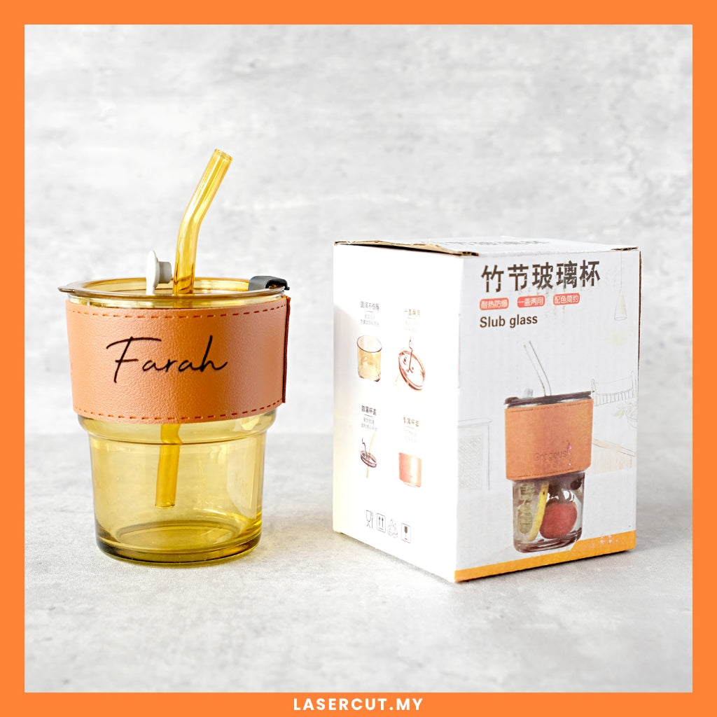 COFFEE CUP GLASS Engrave Laser Name With Straw and Leather Cover | Custom Engrave Name Leather