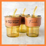 COFFEE CUP GLASS Engrave Laser Name With Straw and Leather Cover | Custom Engrave Name Leather