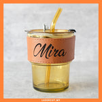 COFFEE CUP GLASS Engrave Laser Name With Straw and Leather Cover | Custom Engrave Name Leather