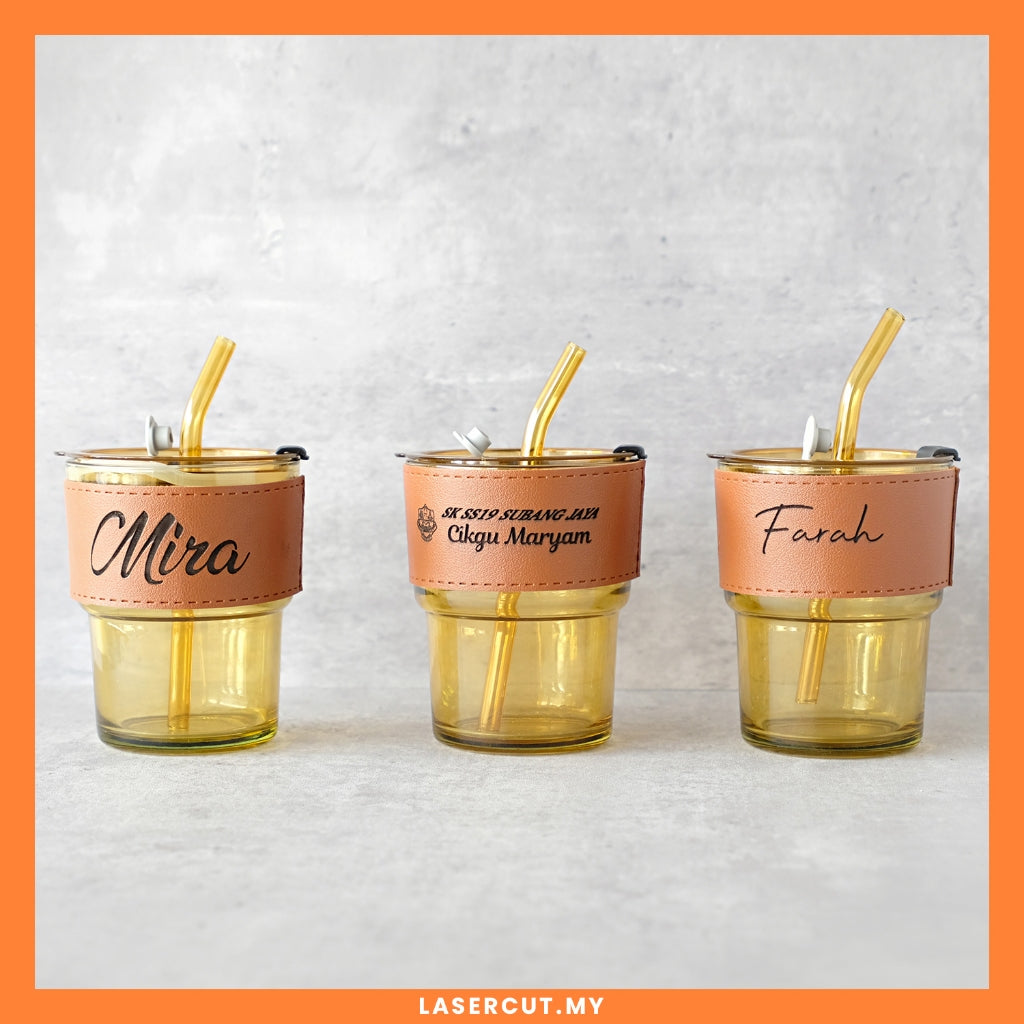 COFFEE CUP GLASS Engrave Laser Name With Straw and Leather Cover | Custom Engrave Name Leather