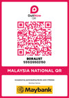 A Malaysia National QR code payment card for Boralist, featuring a pink and white design with the DuitNow QR logo, the merchant name BORALIST, and a Maybank logo at the bottom.
